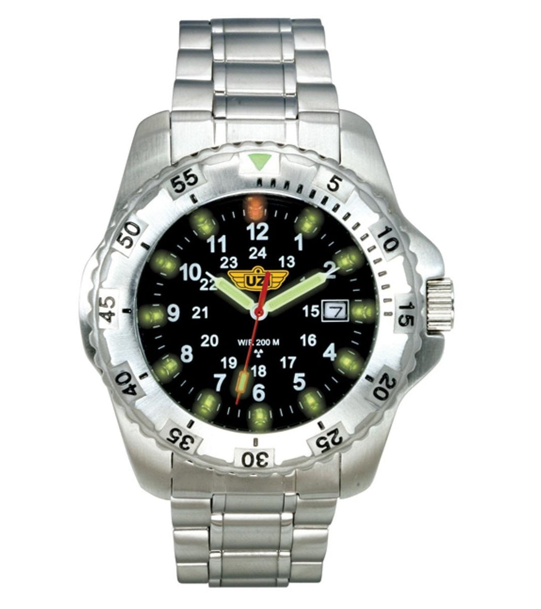 UZI-032-SS - The Defender Tritium H3 Silver Stainless Strap Watch